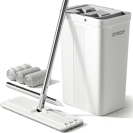 JOYMOOP Mop and Bucket with Wringer Set, White Flat Squeeze Bucket Set for Floor Cleaning