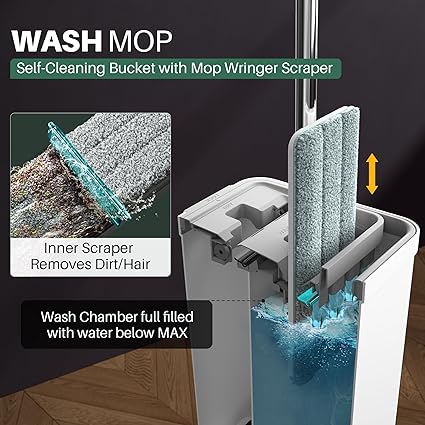 JOYMOOP Mop and Bucket with Wringer Set, White Flat Squeeze Bucket Set for Floor Cleaning