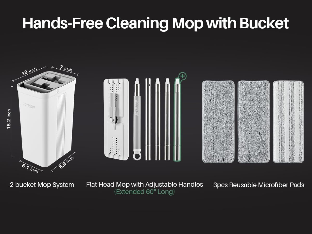 JOYMOOP Mop and Bucket with Wringer Set, White Flat Squeeze Bucket Set for Floor Cleaning