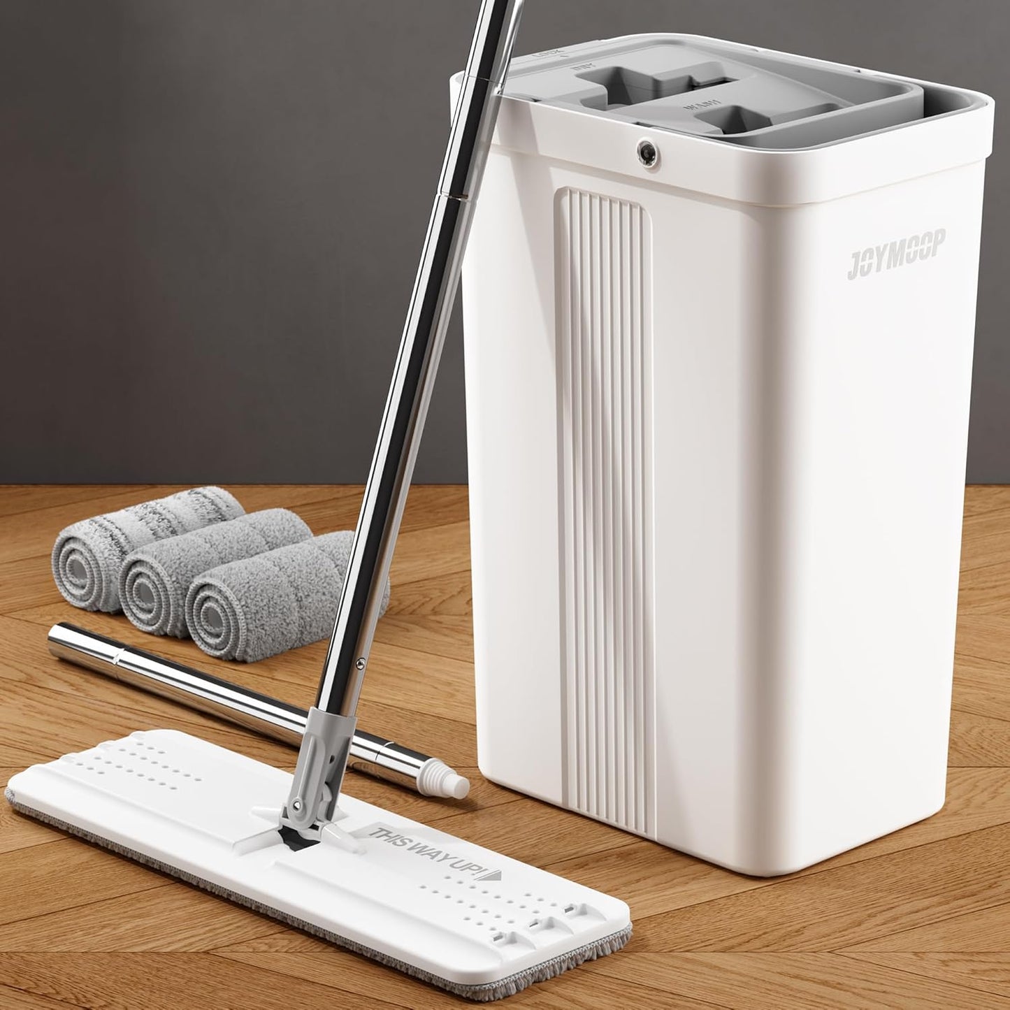 JOYMOOP Mop and Bucket with Wringer Set, White Flat Squeeze Bucket Set for Floor Cleaning