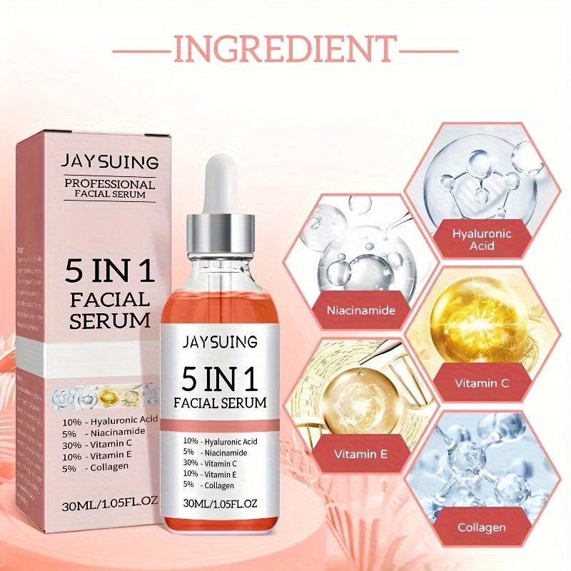 5-In-1 Facial Serum with Hyaluronic Acid, Collagen, Niacinamide, Vitamins C And E. 1.01 Oz | 30ml