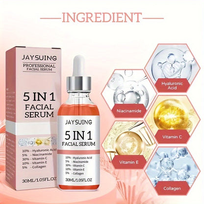 5-In-1 Facial Serum with Hyaluronic Acid, Collagen, Niacinamide, Vitamins C And E. 1.01 Oz | 30ml