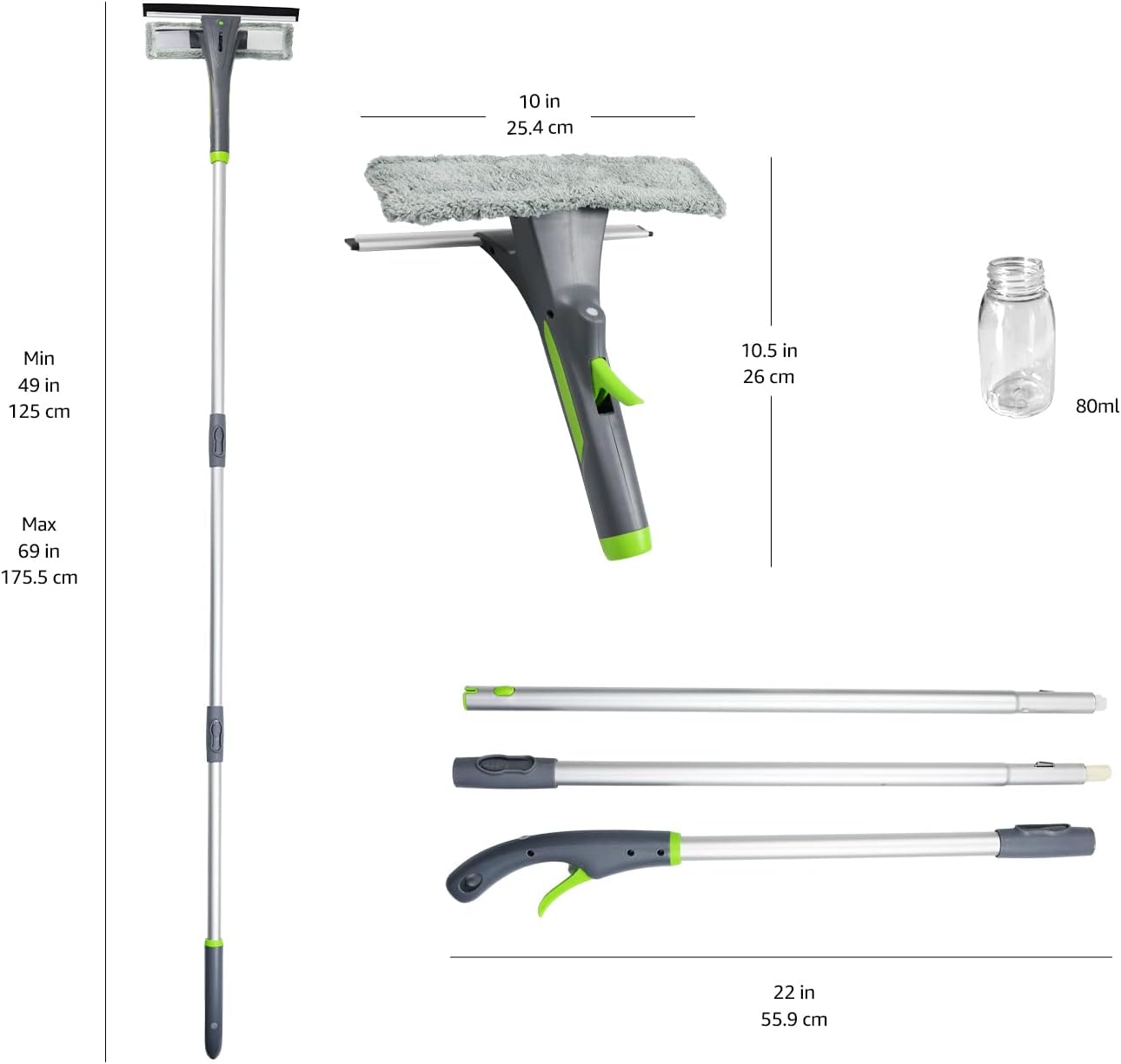 Extendable Window Squeegee with Spray, Aluminum Extension Pole, 1.25 M to 1.75 M