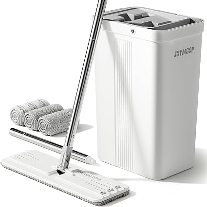 JOYMOOP Mop and Bucket with Wringer Set, White Flat Squeeze Bucket Set for Floor Cleaning