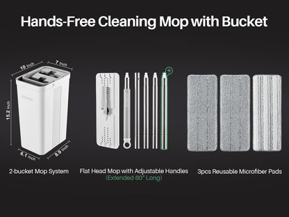 JOYMOOP Mop and Bucket with Wringer Set, White Flat Squeeze Bucket Set for Floor Cleaning