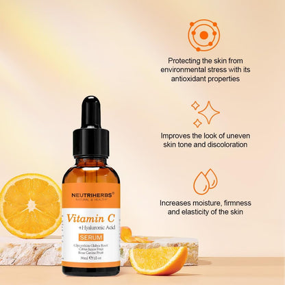 Neutriherbs Vitamin C Face Serum | Anti-Aging + Brightening | Hyaluronic Acid + Collagen | Glowing Skin Daily Care