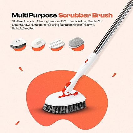 Tile Tub Scrubber Brush with 3 Different Function Cleaning Heads and 56" Extendable Long Handle |