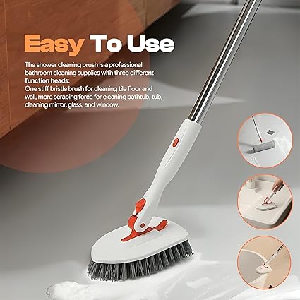 Tile Tub Scrubber Brush with 3 Different Function Cleaning Heads and 56" Extendable Long Handle |