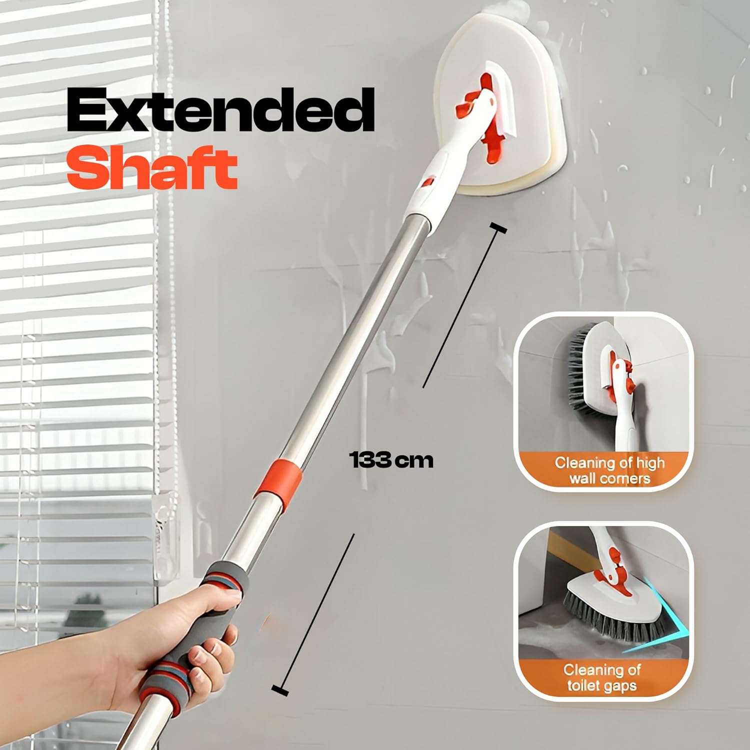 Tile Tub Scrubber Brush with 3 Different Function Cleaning Heads and 56" Extendable Long Handle |